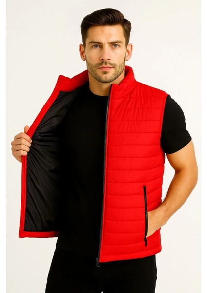 Erkek Şişme Fermuarlı Yelek Su Itici Kapitone Astarlı Kumaş Cepli Hafif Kışlık Spor Rahat Kalıp - Kırmızı