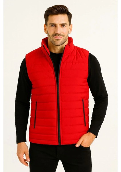 Erkek Şişme Fermuarlı Yelek Su Itici Kapitone Astarlı Kumaş Cepli Hafif Kışlık Spor Rahat Kalıp - Kırmızı fiyatları