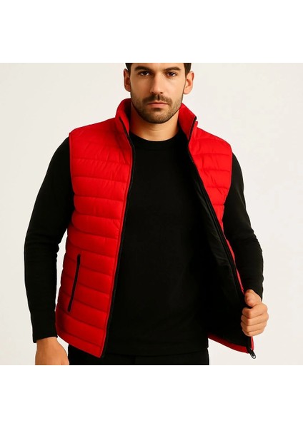 Erkek Şişme Fermuarlı Yelek Su Itici Kapitone Astarlı Kumaş Cepli Hafif Kışlık Spor Rahat Kalıp - Kırmızı modelleri