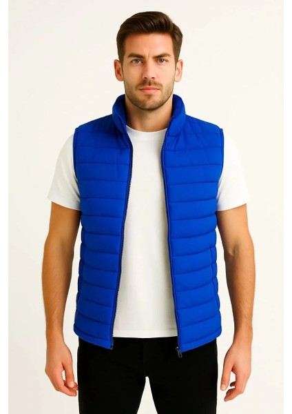 Erkek Şişme Fermuarlı Yelek Su Itici Kapitone Astarlı Kumaş Cepli Hafif Kışlık Spor Rahat Kalıp - Saks Mavisi fırsatları