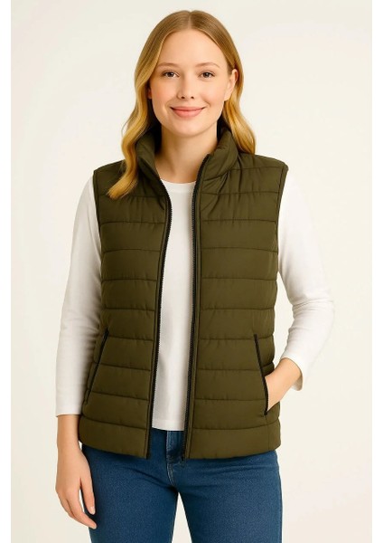 Kadın Şişme Fermuarlı Yelek Su Itici Kapitone Astarlı Kumaş Cepli Hafif Kışlık Spor Rahat Kalıp - Haki fiyatları