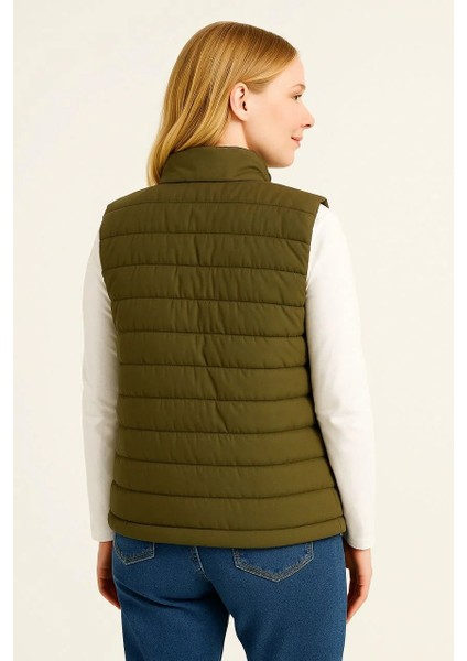 Kadın Şişme Fermuarlı Yelek Su Itici Kapitone Astarlı Kumaş Cepli Hafif Kışlık Spor Rahat Kalıp - Haki indirimleri