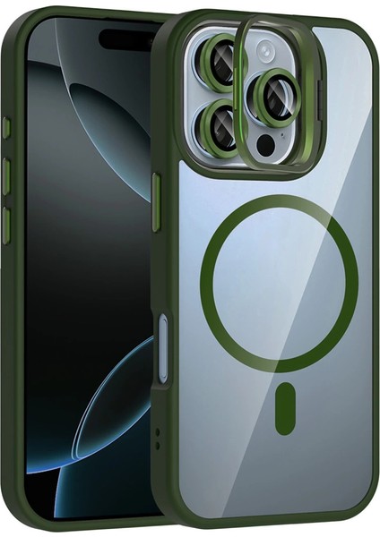 Buğz Joko Apple Iphone 16 Pro Max Remim Lensli Magsafe Standlı Kapak - Koyu Yeşil