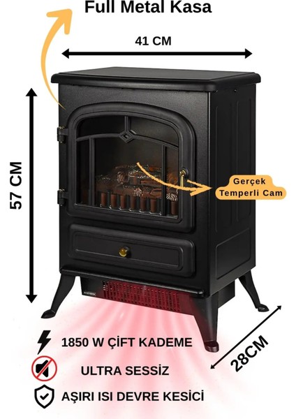 Elektrikli Şömine Siyah 1850 W Metal Kasa, Fanlı Şömine, Şömine Soba modelleri