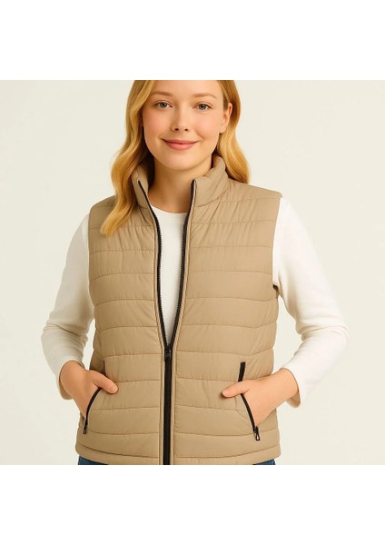 Kadın Şişme Fermuarlı Yelek Su Itici Kapitone Astarlı Kumaş Cepli Hafif Kışlık Spor Rahat Kalıp - Bej fırsatları