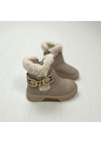 Kız Çocuk Tokalı Kaymaz Taban Tüylü Bej Bot