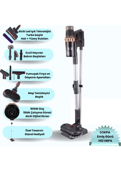 Vion Plus V11 33Kpa H12 Hepa Mop Başlık Led Işıklı Turbo Başlık Dikey Süpürge