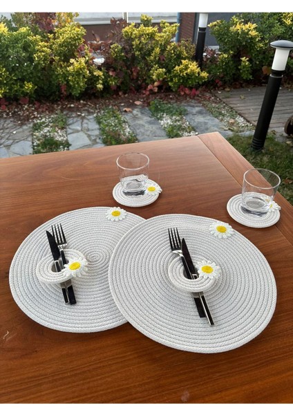 El Yapımı Papatya Detaylı Hasır Görünümlü 6 Parça Sunum & Supla Seti – Sofra Sunumu – Beyaz