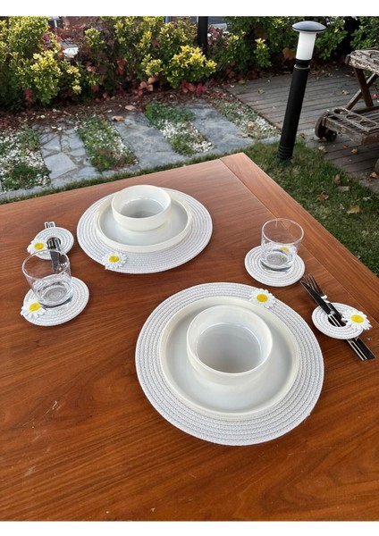 El Yapımı Papatya Detaylı Hasır Görünümlü 6 Parça Sunum & Supla Seti – Sofra Sunumu – Beyaz modelleri