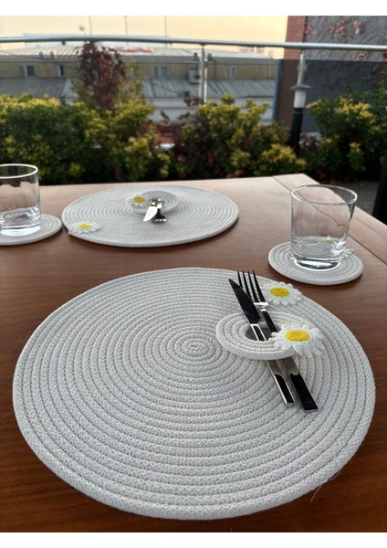 El Yapımı Papatya Detaylı Hasır Görünümlü 6 Parça Sunum & Supla Seti – Sofra Sunumu – Beyaz indirimleri