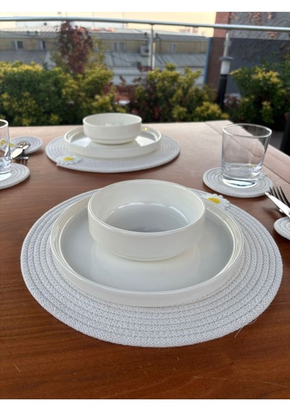 El Yapımı Papatya Detaylı Hasır Görünümlü 6 Parça Sunum & Supla Seti – Sofra Sunumu – Beyaz