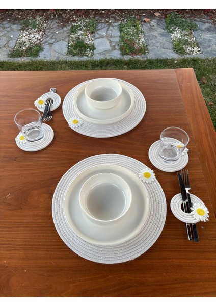 El Yapımı Papatya Detaylı Hasır Görünümlü 6 Parça Sunum & Supla Seti – Sofra Sunumu – Beyaz