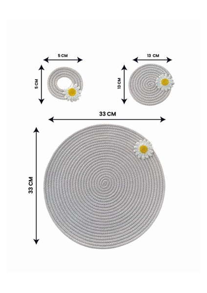 El Yapımı Papatya Detaylı Hasır Görünümlü 6 Parça Sunum & Supla Seti – Sofra Sunumu – Beyaz