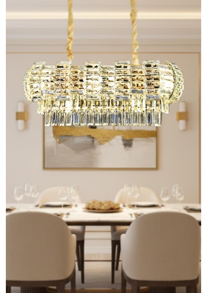 Billur Gold 80 cm Kristal Taşlı Modern Avize – Yemek Masası ve Salon