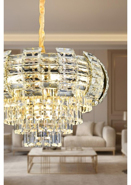 Billur Gold 80 cm Kristal Taşlı Modern Avize – Yemek Masası ve Salon modelleri