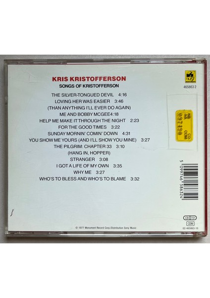 Kris Kristofferson Songs Of Kristofferson CD (Orijinal Dönem Baskı Cd) fiyatları