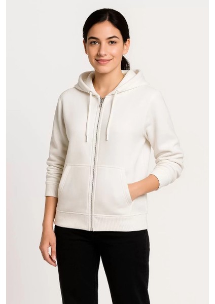 Kadın Üç Iplik Kapüşonlu Tam Fermuarlı Kanguru Çepli Sweatshirt Hoodie - Beyaz fiyatları