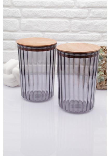 Füme Oval Çizgili Ahşap Kapaklı Kavanoz 2200 ml Ikili Set