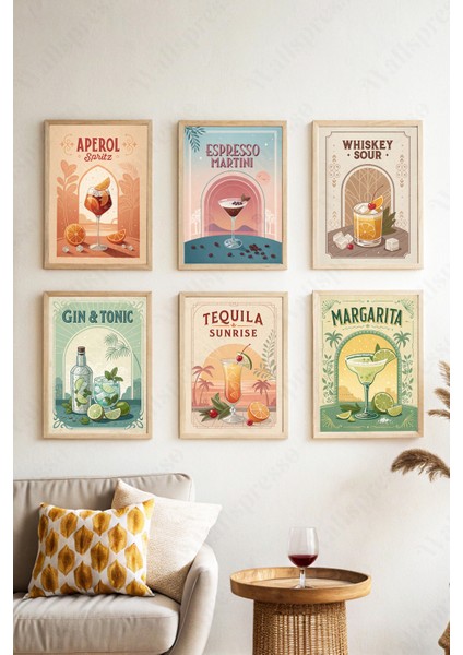 Kokteyl Temalı 6'lı Tablo Seti - Ahşap Çerçeveli Tablo - Dekoratif Tablo-Duvar Tablosu-Mutfak Tablo