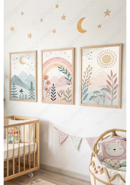 Çocuk Odası Ahşap Çerçeveli Tablo - 3'lü Tablo Seti - Bebek Odası Tablo - Üçlü Tablo - Bohem Tablo