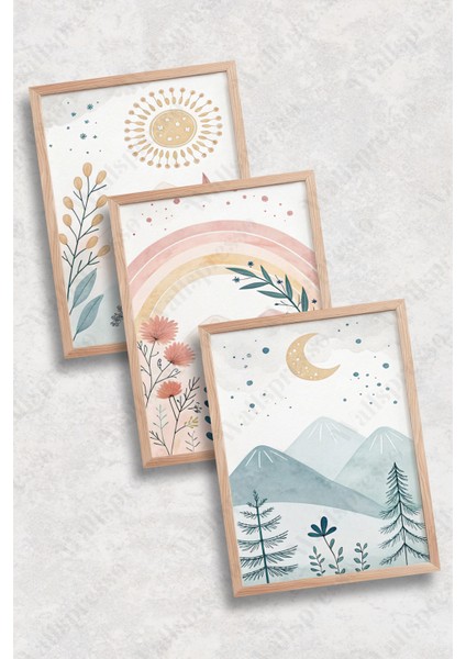 Çocuk Odası Ahşap Çerçeveli Tablo - 3'lü Tablo Seti - Bebek Odası Tablo - Üçlü Tablo - Bohem Tablo fiyatları