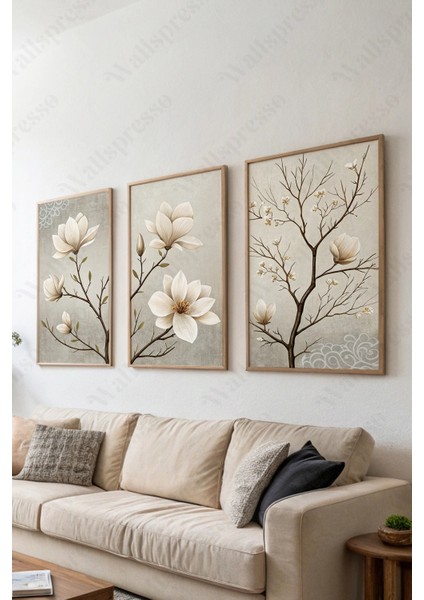 Japon Çiçekleri 3'lü Tablo Seti - Ahşap Çerçeveli Tablo - Duvar Tablo - Üçlü Tablo-Yatak Odası Tablo