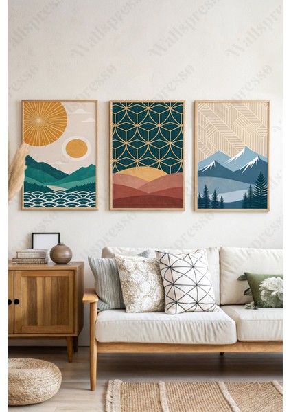 Modern Renkli Soyut Ahşap Çerçeveli Tablo - 3'lü Tablo Seti - Duvar Tablosu - Üçlü Tablo