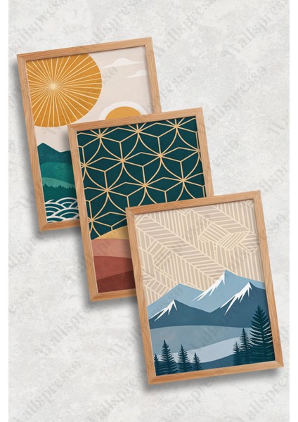 Modern Renkli Soyut Ahşap Çerçeveli Tablo - 3'lü Tablo Seti - Duvar Tablosu - Üçlü Tablo fiyatları