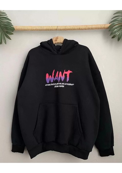 Baskılı Üç Iplik Kapüşonlu Oversize Sweatshirt - Siyah modelleri