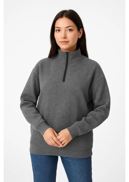 Kadın Üç Iplik Dık Yaka Yarım Fermuarlı Sweatshirt - Antrasit fiyatları