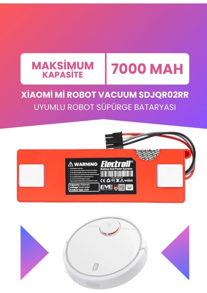 Xiaomi Mi Robot Vacuum Sdjqr02rr Uyumlu Batarya (MAKSİMUM KAPASİTE) 7000mah Kutulu Robot Süpürge Pil