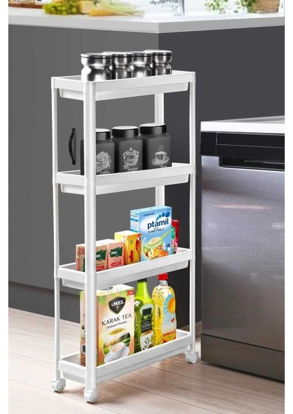 Beyaz 4 Katlı Tekerlekli Raf Ünitesi, Pratik ve Şık Depolama Çözümü