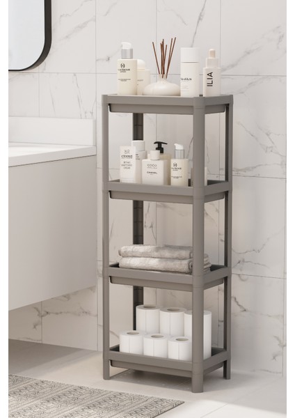 4 Katlı Gri Banyo Raf Ünitesi, Modern ve Geniş Depolama Çözümü