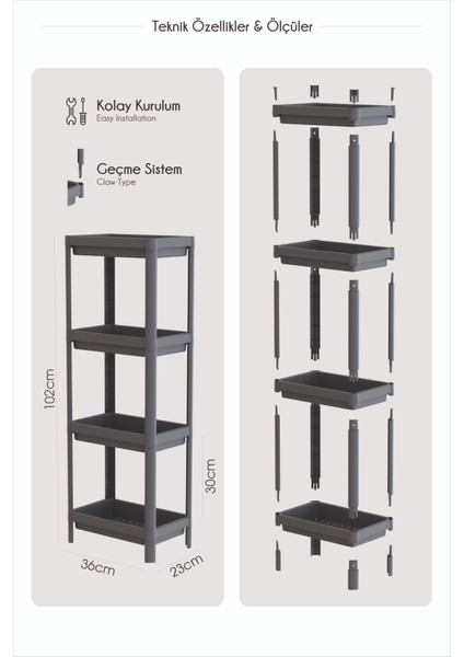 4 Katlı Gri Banyo Raf Ünitesi, Modern ve Geniş Depolama Çözümü fırsatları