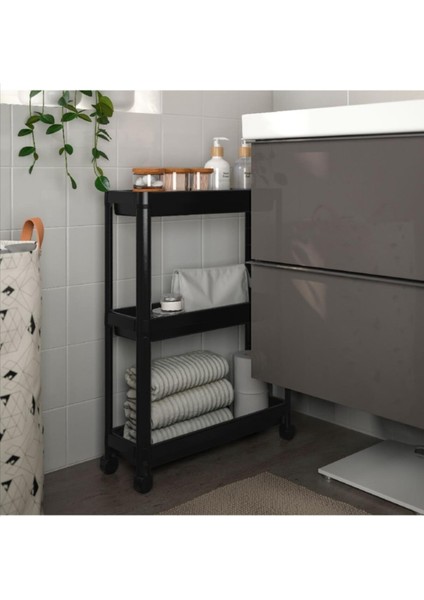 Siyah Tekerlekli 3 Katlı Çok Amaçlı Raf Ünitesi, Banyo ve Mutfak Için Uygun