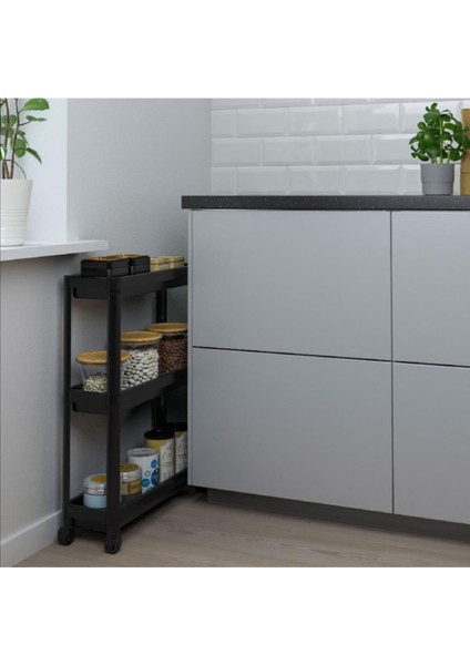 Siyah Tekerlekli 3 Katlı Çok Amaçlı Raf Ünitesi, Banyo ve Mutfak Için Uygun fiyatları
