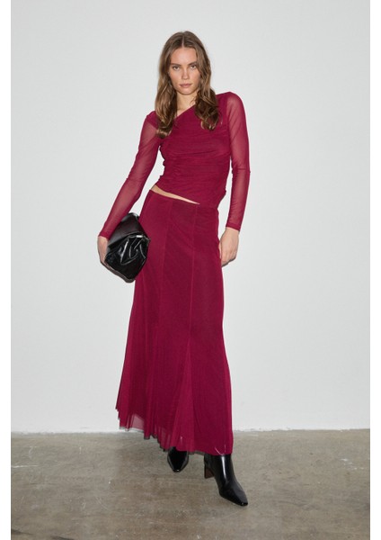 Beejın Kadın Esnek ve Yumuşak Kumaşlı Baskılı Astarlı Bordo Etek