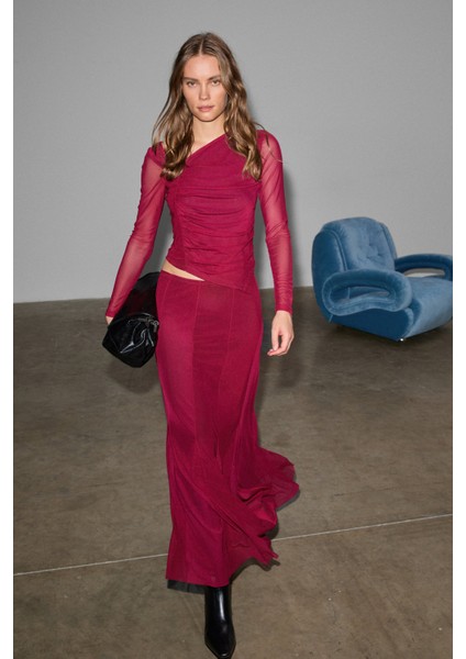 Beejın Kadın Esnek ve Yumuşak Kumaşlı Baskılı Astarlı Bordo Etek modelleri