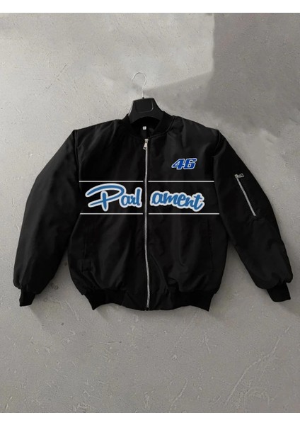 Siyah Parliament Bomber Mont – 46 Numara Detaylı, Fermuarlı, Cepli, Uzun Kollu, Spor ve Günlük Giyim Için Rahat Unisex Mont - Siyah