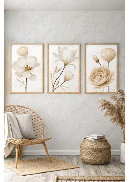 Bohem Çiçek Temalı 3'lü Ahşap Çerçeveli Tablo Seti - Duvar Tablosu - Üçlü Tablo - Yatak Odası Tablo