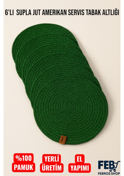 6'lı Jut Supla Amerikan Servis Takımı – %100 Pamuk, El Yapımı, Kaymaz Yuvarlak Tabak Altlığı