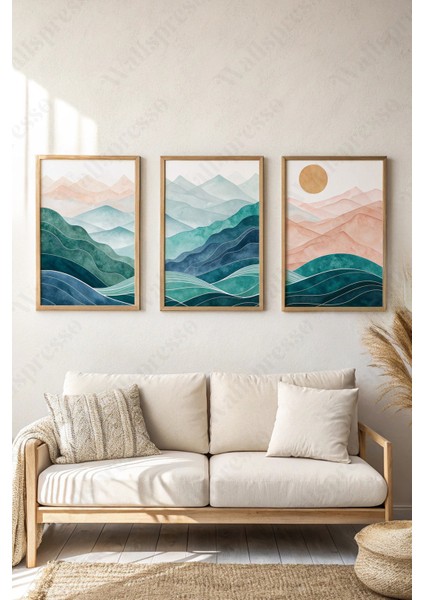 Soyut Bohem Modern Ahşap Çerçeveli Tablo - 3 Lü Tablo Seti - Duvar Tablosu - Üçlü Tablo -Salon Tablo
