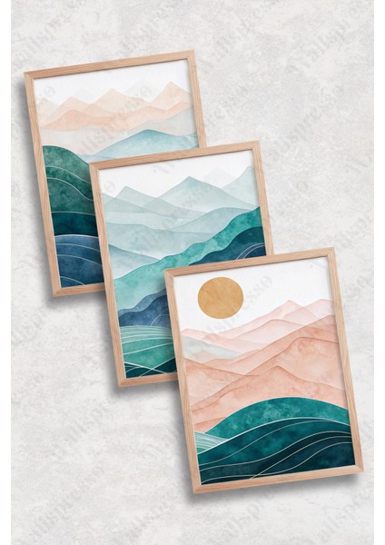 Soyut Bohem Modern Ahşap Çerçeveli Tablo - 3 Lü Tablo Seti - Duvar Tablosu - Üçlü Tablo -Salon Tablo fiyatları