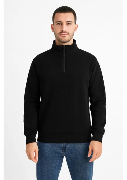 Erkek Dik Yaka Sweatshirt Dik Yaka Yarım Fermuarlı 3 Iplik Şardonlu Pamuk Kumaş - Siyah fiyatları