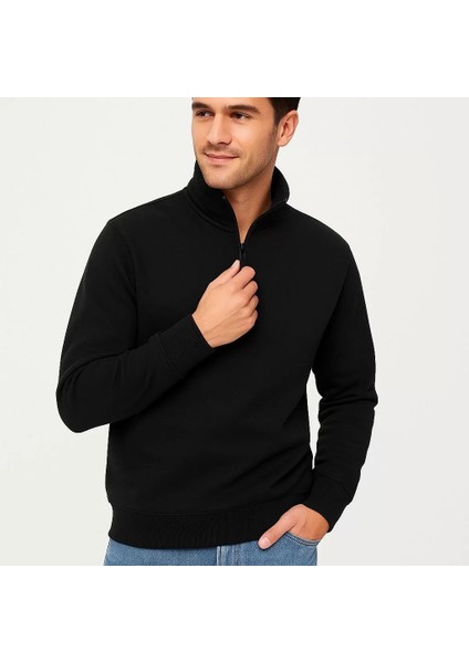 Erkek Dik Yaka Sweatshirt Dik Yaka Yarım Fermuarlı 3 Iplik Şardonlu Pamuk Kumaş - Siyah fırsatları