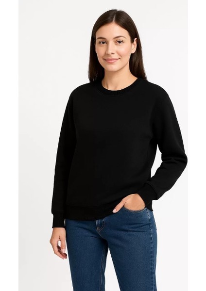 Kadın Üç Iplik Düz Bisiklet Yaka Sweatshirt - Siyah