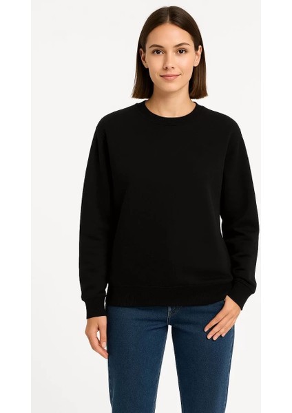 Kadın Üç Iplik Düz Bisiklet Yaka Sweatshirt - Siyah fırsatları