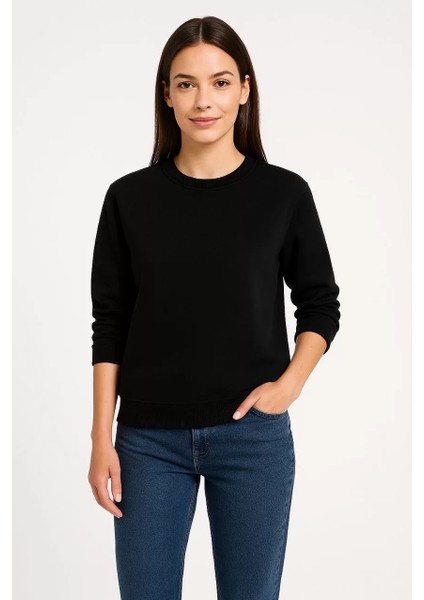 Kadın Üç Iplik Düz Bisiklet Yaka Sweatshirt - Siyah indirimleri