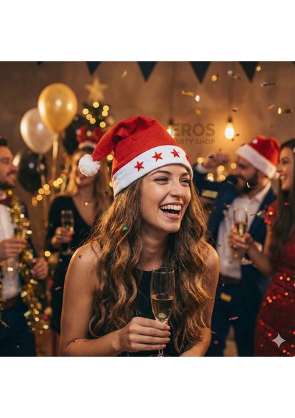 Adet Işıklı Yılbaşı Yeni Yıl Şapkası Noel Baba Şapka Açma Kapama Düğmeli 5 Yıldızlı Kırmızı Renk
