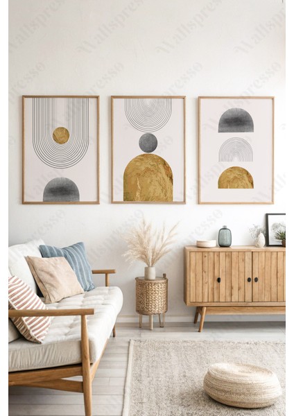 Modern Boho Soyut Ahşap Çerçeveli Tablo - 3'lü Tablo Seti - Duvar Tablosu - Üçlü Tablo